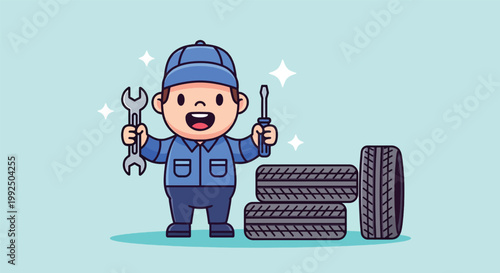 Cute Cartoon Mechanic Holding Tools Next to Car Tires.