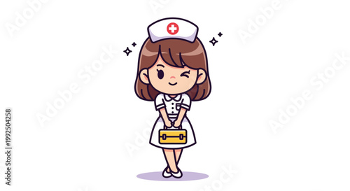 Cute Cartoon Nurse Character Illustration Winking and Holding Medical Bag.