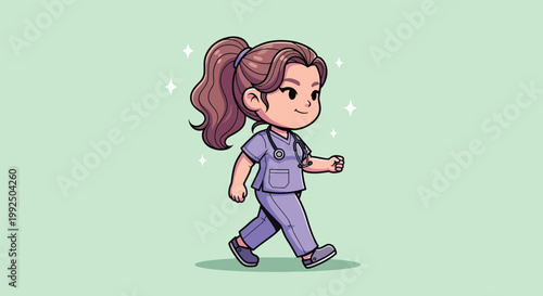 Cute Cartoon Nurse Character Walking in Purple Scrubs with Stethoscope Illustration.