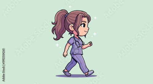 Cute Cartoon Nurse Walking with Determined Expression.