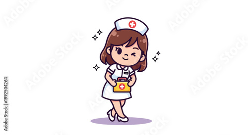 Cute Cartoon Nurse Holding First Aid Kit Vector Illustration.