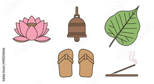 Minimalist Buddhist spiritual icons including lotus flower and temple bell