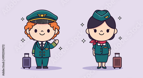 Cute Cartoon Pilot and Flight Attendant Characters with Suitcases.