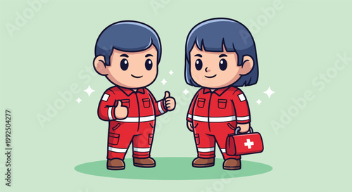 Cute Cartoon Paramedic Couple with First Aid Kit.