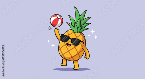 Cute Cartoon Pineapple Character Wearing Sunglasses Playing With A Beach Ball On Summer Vacation.