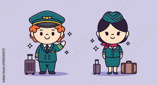 Cute Cartoon Pilot and Flight Attendant with Luggage.