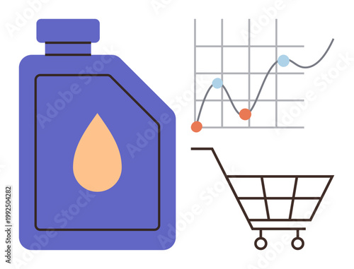 Market analysis, product trends, shopping behavior, analytics, business growth, trade insights. Bottle with a drop icon, graph and shopping cart. Market analysis and product trends concept