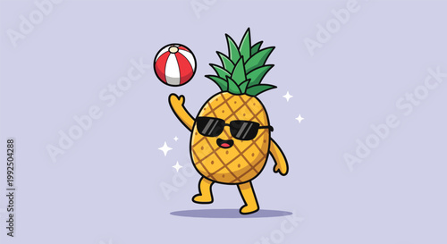 Cute Cartoon Pineapple Character Wearing Sunglasses Playing with Beach Ball.