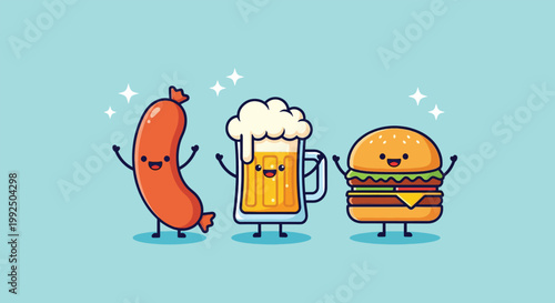 Cute cartoon sausage beer and burger characters.