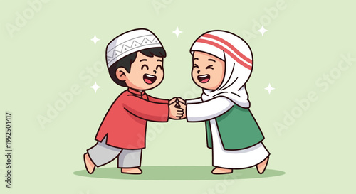 Cute Muslim boy and girl celebrating Eid and holding hands with joy.