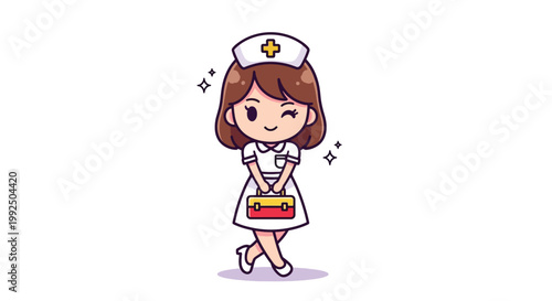 Cute Nurse Character Winking with First Aid Kit.