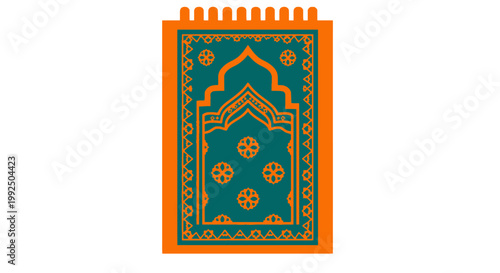 Minimalist Islamic prayer mat graphic with orange and teal design