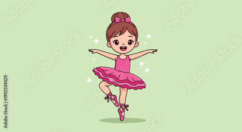 Cute Little Ballerina Girl Dancing in Pink Tutu Cartoon Illustration.