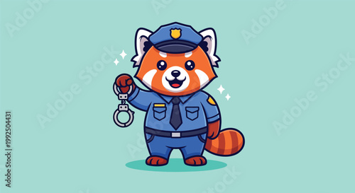 Cute Red Panda Police Officer Character Holding Handcuffs Cartoon Mascot.