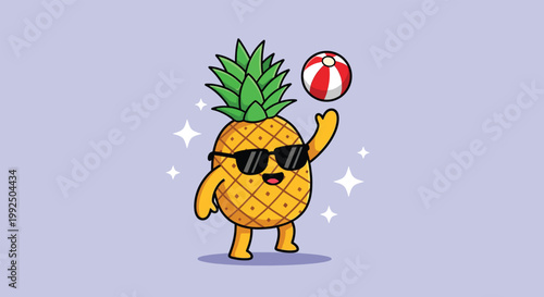 Cute Pineapple Character Playing with Beach Ball.