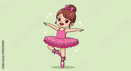Cute Little Girl Ballerina Dancing in Pink Tutu Cartoon Vector Illustration.