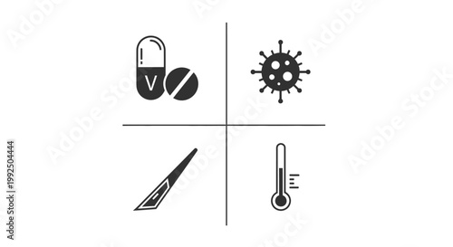 Minimalist medical icon set with pill virus scalpel and thermometer