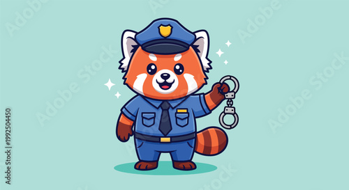 Cute Red Panda Police Officer Character Wearing Blue Uniform and Holding Handcuffs Illustration.