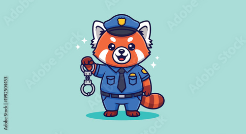 Cute Red Panda Police Officer Holding Handcuffs Cartoon.
