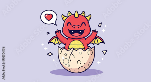 Cute Red Baby Dragon Hatching from an Egg Cartoon Illustration with Heart.