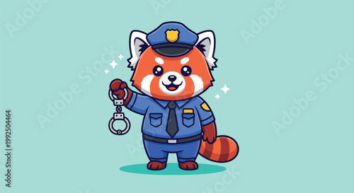 Cute Red Panda Police Officer Holding Handcuffs.