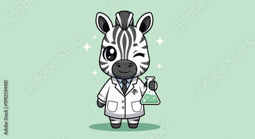 Cute Zebra Scientist Cartoon Illustration with Beaker.