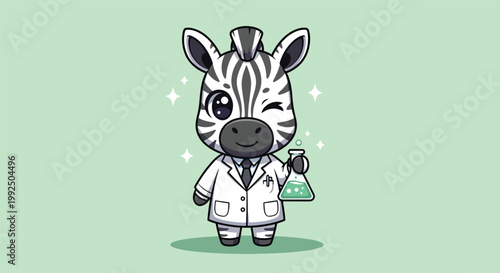 Cute Zebra Scientist with Flask Cartoon Vector Illustration.