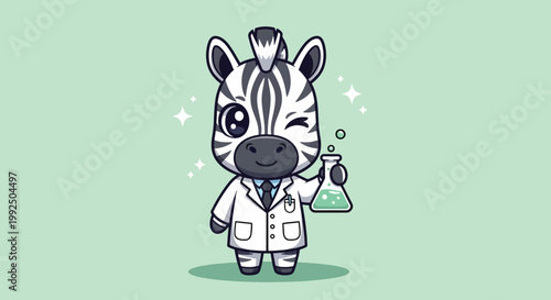 Cute Zebra Scientist Character Holding Chemistry Flask Cartoon Illustration.