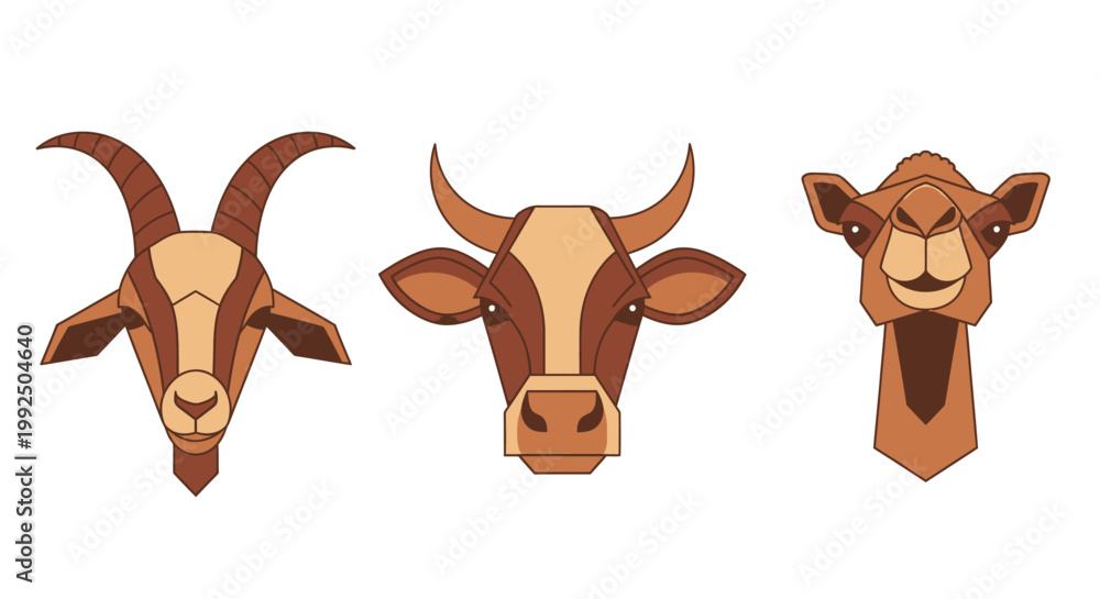 Fototapeta premium Minimalist flat illustration of goat cow and camel heads