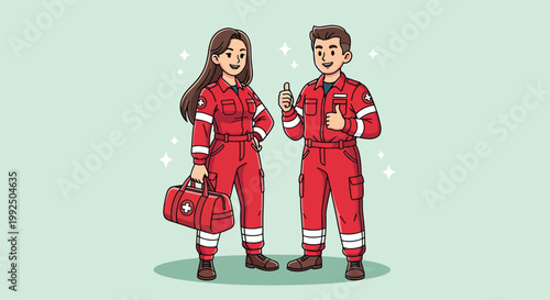Illustration of Male and Female Paramedics in Red Uniforms with First Aid Kit.