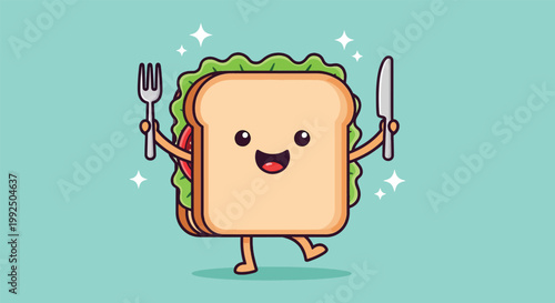 Happy sandwich cartoon character holding fork and knife ready to eat.