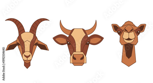 Minimalist flat illustration of goat cow and camel heads