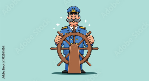 Moustachioed Ship Captain Steering with Wooden Wheel Illustration.