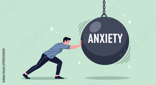 Man Struggling and Pushing Away a Heavy Ball Labeled Anxiety Illustration.