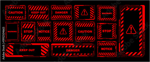 サイバー警告フレームセット レッド 危険アラートUI・注意表示デザイン ベクター素材 / Cyber Warning Frame Set Red Danger Alert UI Vector