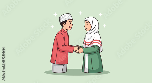 Muslim couple shaking hands during Eid alFitr celebration Vector Illustration.