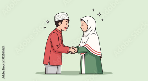 Muslim couple shaking hands during Eid alFitr celebration.