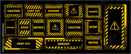 サイバー警告フレームセット イエロー 注意喚起アラートUI・危険表示デザイン ベクター素材 / Cyber Warning Frame Set Yellow Caution Alert UI Vector