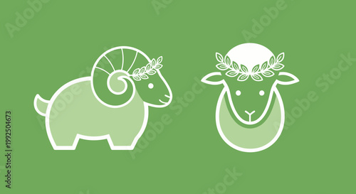 Minimalist ram and sheep icons with floral crowns on green