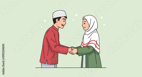 Muslim Man and Woman Shaking Hands in Traditional Attire Illustration.