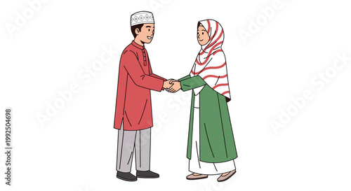 Muslim Man and Woman in Traditional Attire Greeting Each Other with a Handshake.