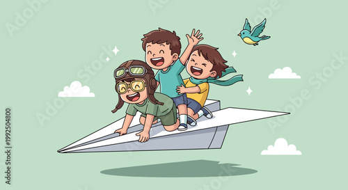 Three happy children flying on a giant paper airplane in the sky illustration.