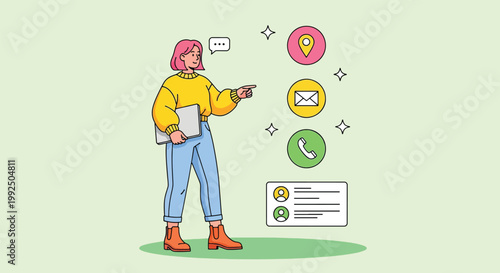 Woman pointing to contact information icons for business communication.