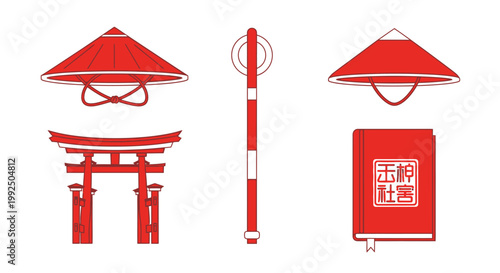 Minimalist red Japanese icons with torii gate and conical hats