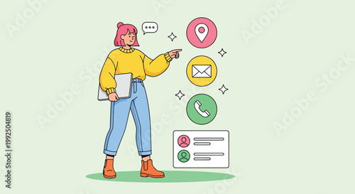 Woman pointing to contact information icons.