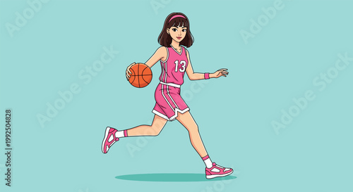 Young female basketball player dribbling ball.
