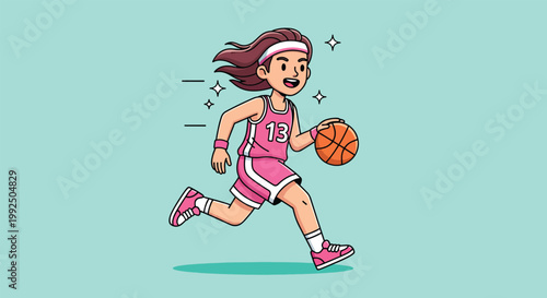 Young Girl Dribbling Basketball with Determination.
