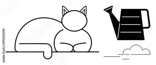 Pets, gardening, relaxation, home decor, nature concepts, modern art. A line art cat lying down, a watering can and clouds. Pets and gardening concepts combined in minimalist style