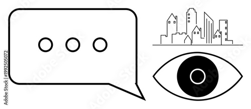 Communication, urban development, surveillance, visual media, information sharing, privacy. Black speech bubble, city skyline and an eye icon. Communication and urban development