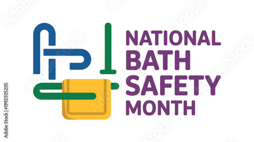A colorful logo promoting National Bath Safety Month with a lock and pipes
